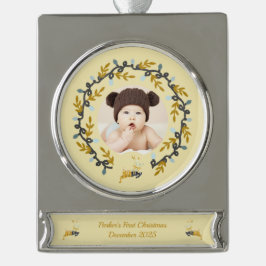 1st Christmas Deer with Wreath Yellow Banner-Ornament Silber