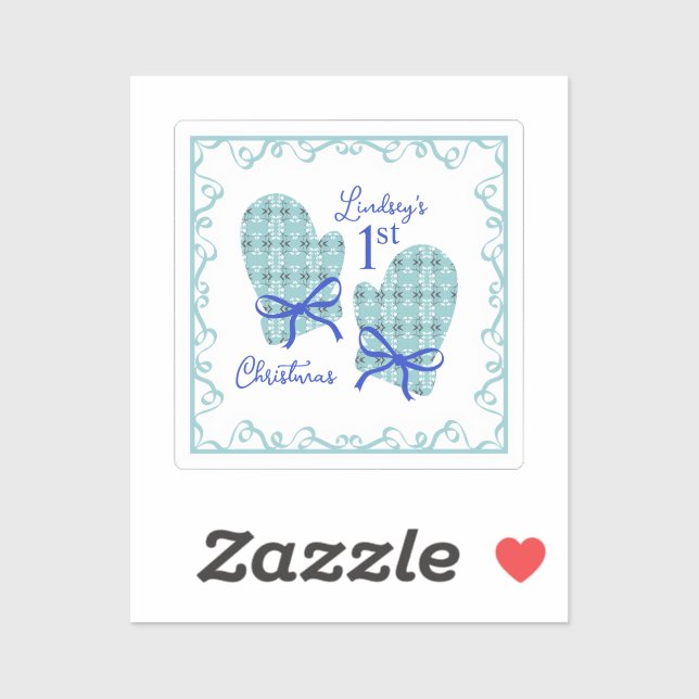 1st Christmas Mittens Blue Bow Holiday Aufkleber (Blatt)