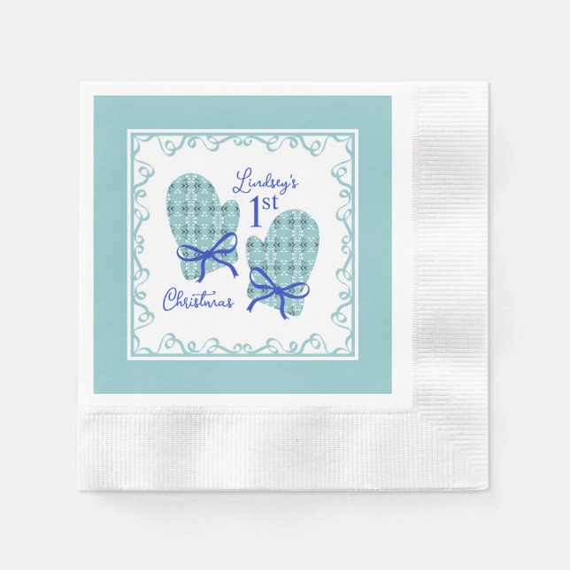 1st Christmas Mittens Blue Bow Holiday Serviette (Vorderseite)