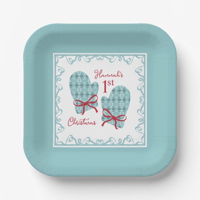 1st Christmas Mittens Red Bow Holiday Pappteller (Vorderseite)