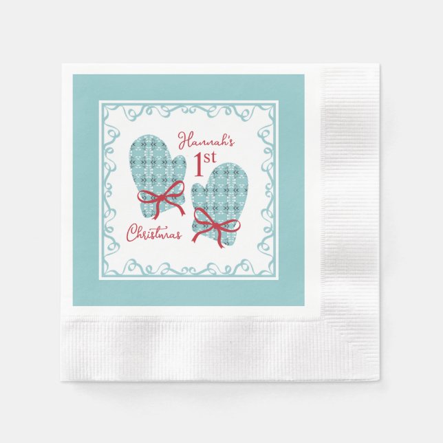 1st Christmas Mittens Red Bow Holiday Serviette (Vorderseite)