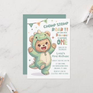 1st Dino Birthday Party | Cute Teddy Bear Dinosaur Einladung