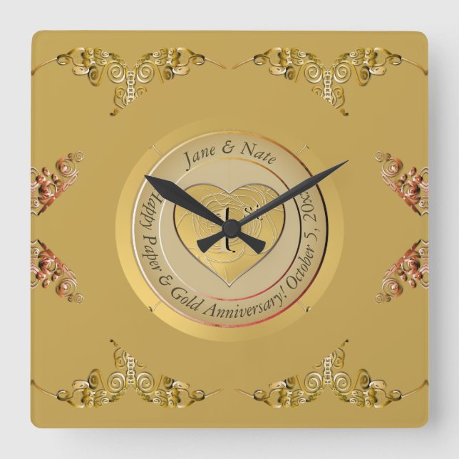 1st Gold Wedding Anniversary Quadratische Wanduhr (Vorderseite)