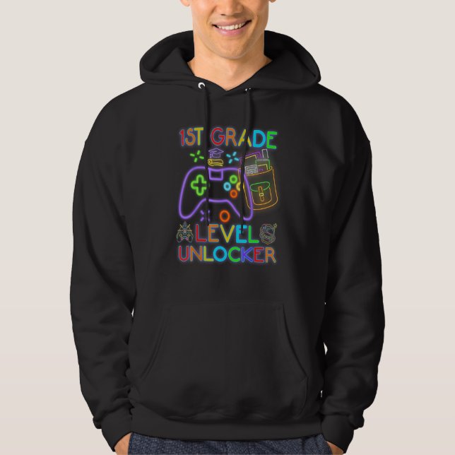 1st Grade Level Unlocked Neon Video Gamer Back to  Hoodie (Vorderseite)