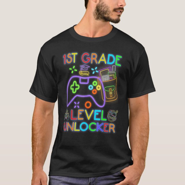 1st Grade Level Unlocked Neon Video Gamer Back to  T-Shirt (Vorderseite)