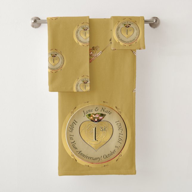 1st or 50th Wedding Anniversary Golden Ochre Towel Badhandtuch Set (Insitu)