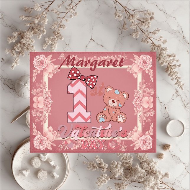 1st Valentine's Day Teddy Bear Bow Floral Motifs  Puzzle (1st Valentine's Day Teddy Bear Bow Floral Motifs Jigsaw Puzzle)