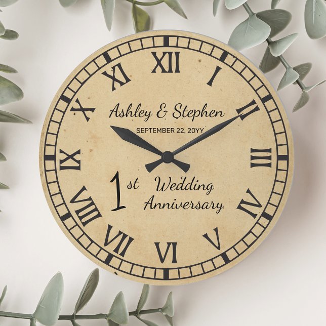 1st Wedding Anniversary Große Wanduhr (Rustic Paper-Look 1st Wedding Anniversary Large Clock)