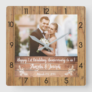 1st Wedding Anniversary Wooden Texture Clock Quadratische Wanduhr