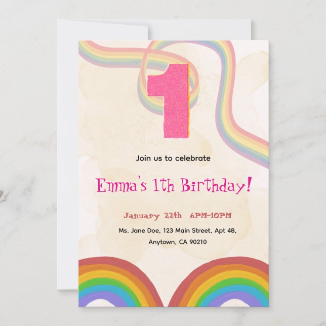 1th Birthday Invitation Girl Editable Rainbow Einladung (Vorderseite)
