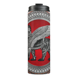 [200] Assyrian Winged Lion: Silver & Black Lamassu Thermosbecher