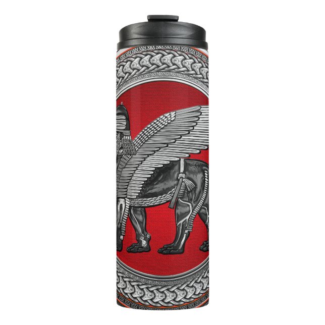 [200] Assyrian Winged Lion: Silver & Black Lamassu Thermosbecher (Vorderseite)