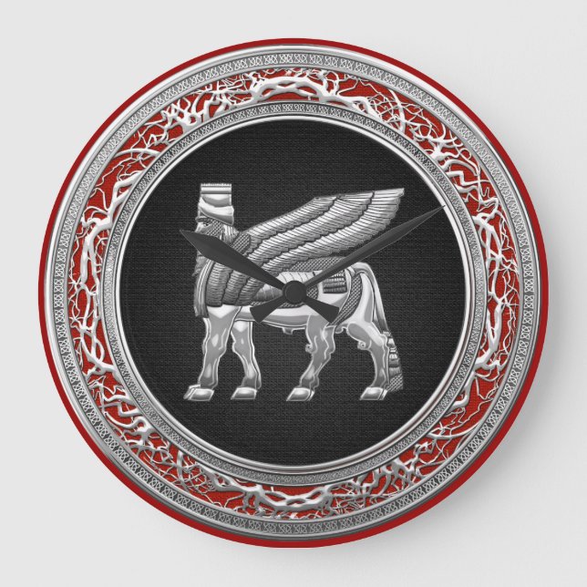 [200] Babylonian Winged Stier [Silber] [3D] Große Wanduhr (Vorderseite)
