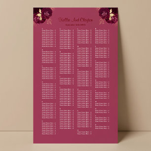 200 Burgund und Gold Blumen Hochzeits-Sitzplan Poster
