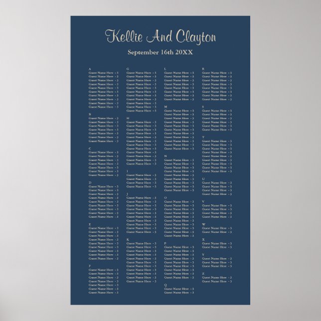 200 Classic Blue Simple Wedding Seating Chart Poster (Vorne)