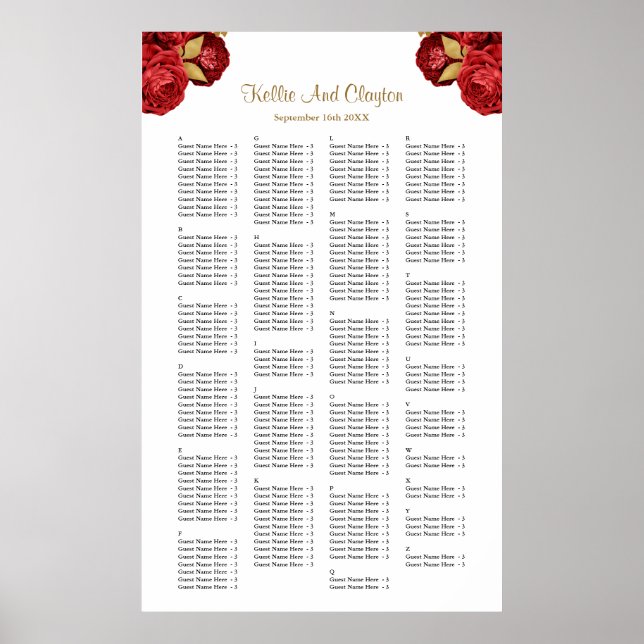 200 Hochzeitskarten mit Rot- und Goldflora Poster (Vorne)