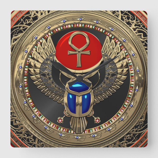 [200] Sacred Gold Egyptian Winged Scarab mit Ankh Quadratische Wanduhr (Vorderseite)