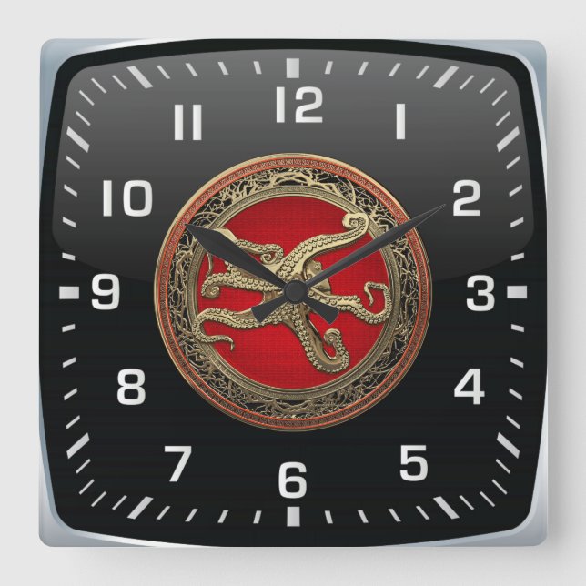 [200] Sacred Gold Octopus in Defensive Posture Quadratische Wanduhr (Vorderseite)