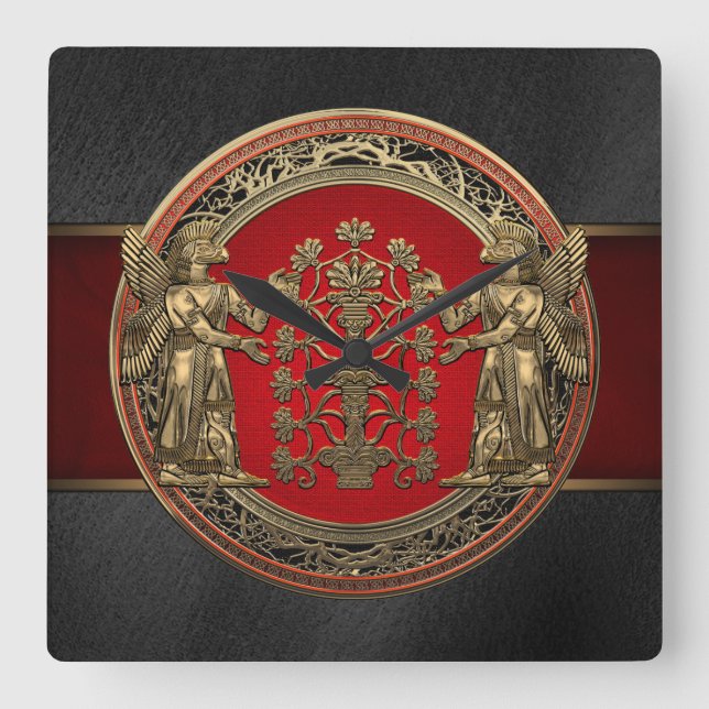 [200] Zwei goldene Ninurtas mit Baum des Lebens Quadratische Wanduhr (Vorderseite)