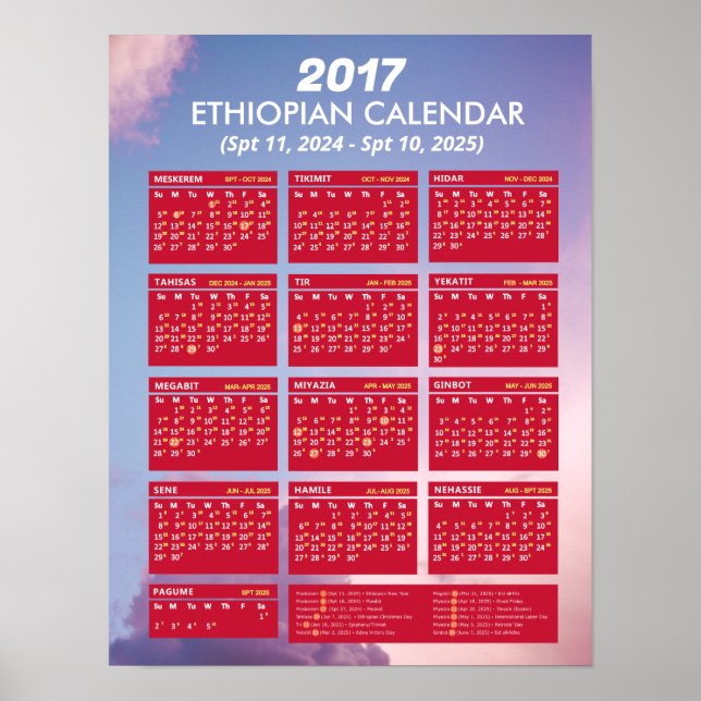 2017 Äthiopischer Kalender - Weltjahr 2024 herunte Poster (Vorne)