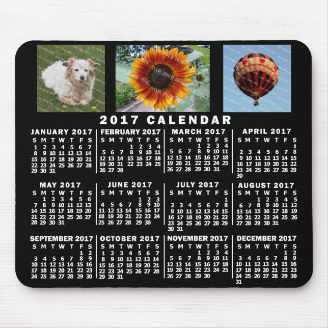 2017 Monatskalender Schwarz Custom 3 Fotos Mousepad (Vorne)