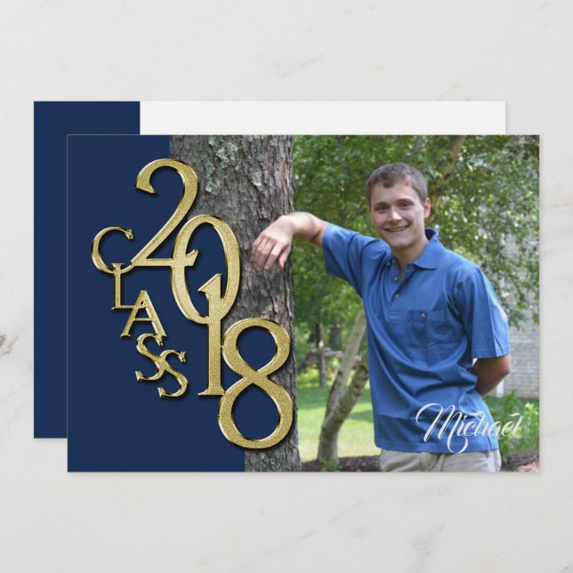 2018 Abschluss Foto Navy Blue and Gold Einladung (Vorne/Hinten)