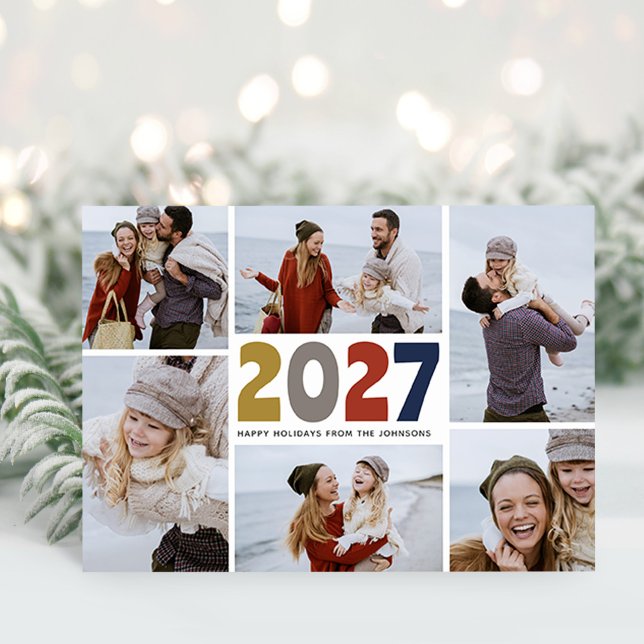2018 | farbig | Postkarten (Modern 2027 Christmas Photo Collage Family Holiday Postcard)
