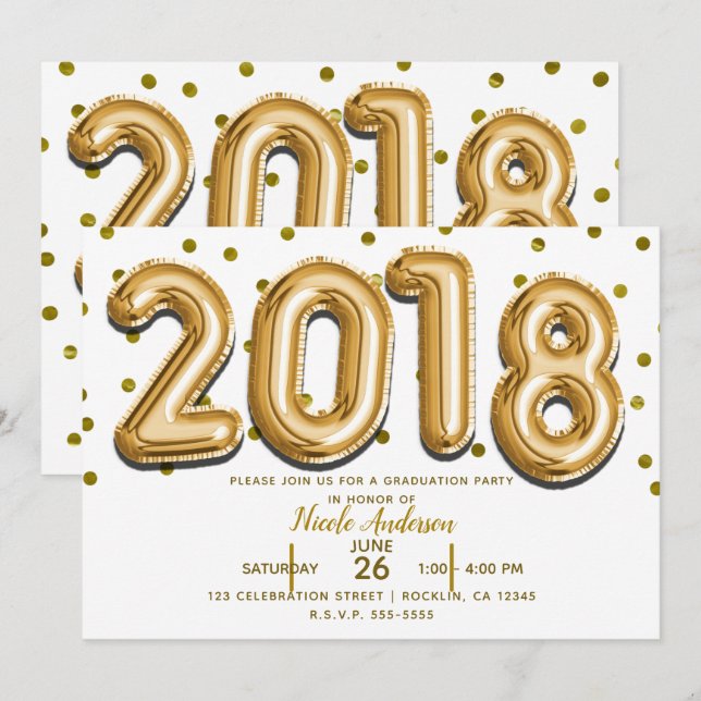 2018 GRADUATION PARTY Gold Confetti Balloons Einladung (Vorne/Hinten)