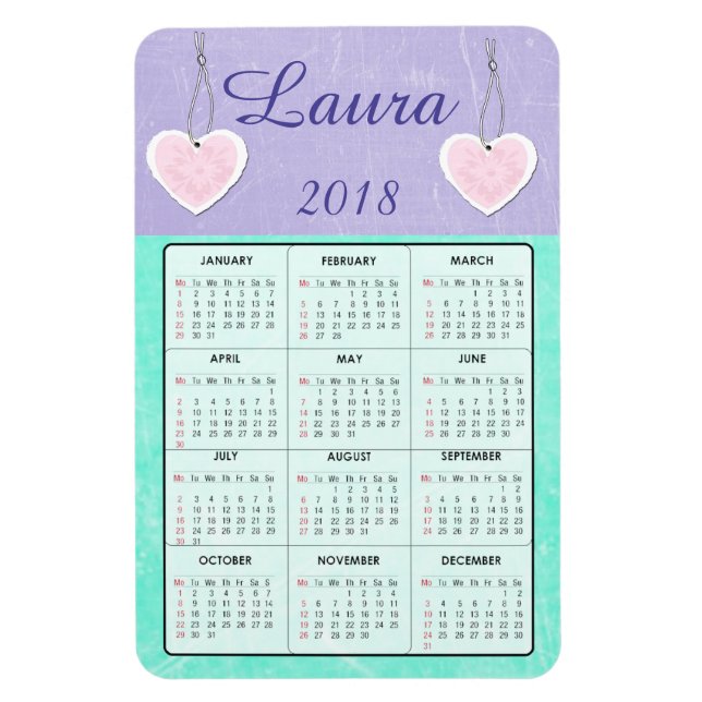2018 Lila und Aquamariner Minikalender Name Magnet (Vertikal)