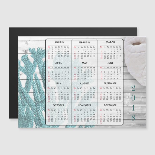2018 Sand Dollar & Coral Mini Magnet Kalender (Vorne/Hinten)