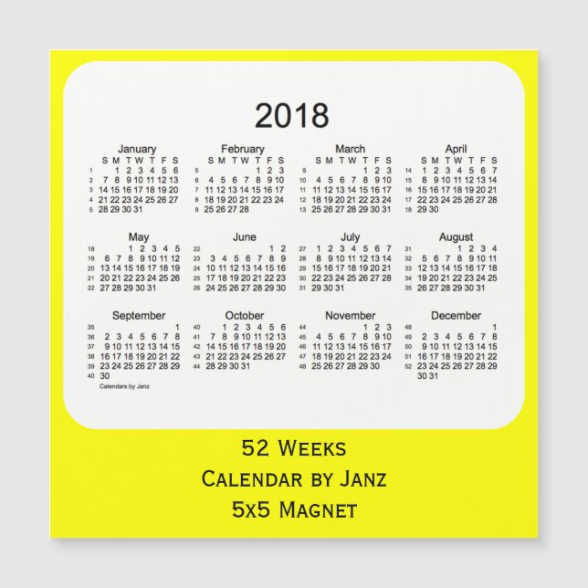 2018 Yellow 52 Weeks Calendar von Janz Magnetkarte (Vorderseite)