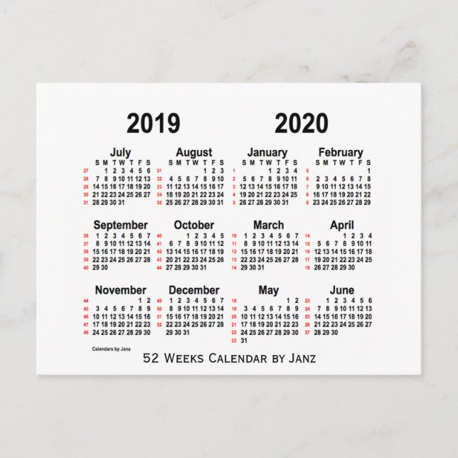 2019-2020 Weiß 52 Wochen-Kalender durch Janz Postkarte (Vorderseite)