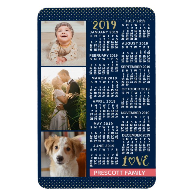 2019 Calendar Navy Koral Gold Familie Foto Collage Magnet (Vertikal)