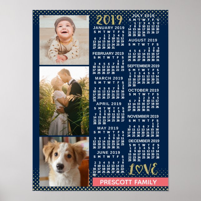 2019 Calendar Navy Koral Gold Familie Foto Collage Poster (Vorne)