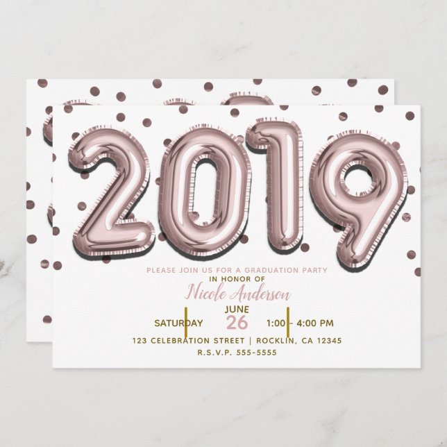 2019 GRADUATION PARTY Rose Gold Confetti Balloons Einladung (Vorne/Hinten)
