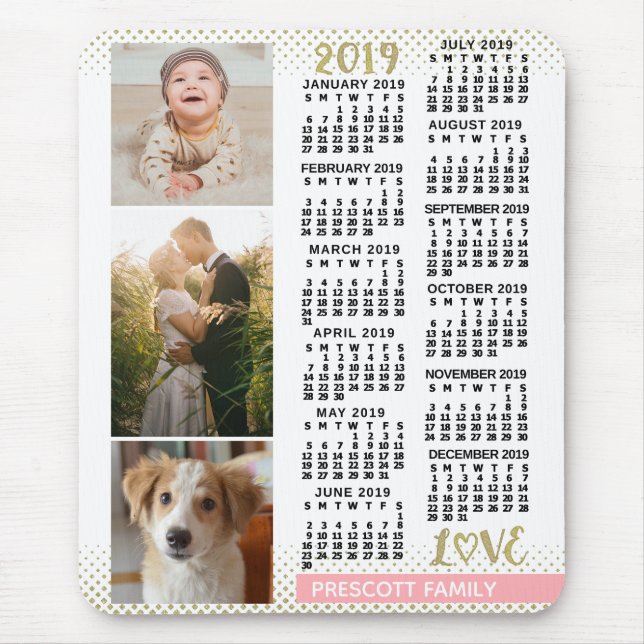 2019 Kalender Rosa Gold Familienfoto Collage Mousepad (Vorne)