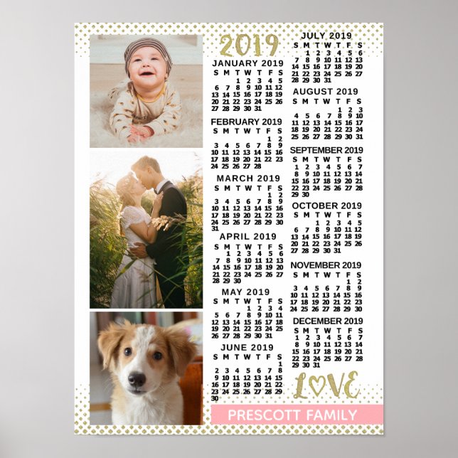 2019 Kalender Rosa Gold Familienfoto Collage Poster (Vorne)