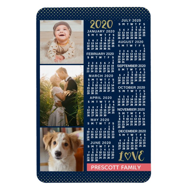 2020 Calendar Navy Koral Gold Familie Foto Collage Magnet (Vertikal)