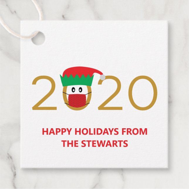 2020 Elf mit Gesichtsmaske Urlaub / Weihnachten Geschenkanhänger (Vorderseite)