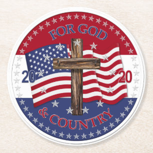 2020 Für Gott und Land Kreuz und amerikanische Fla Runder Pappuntersetzer