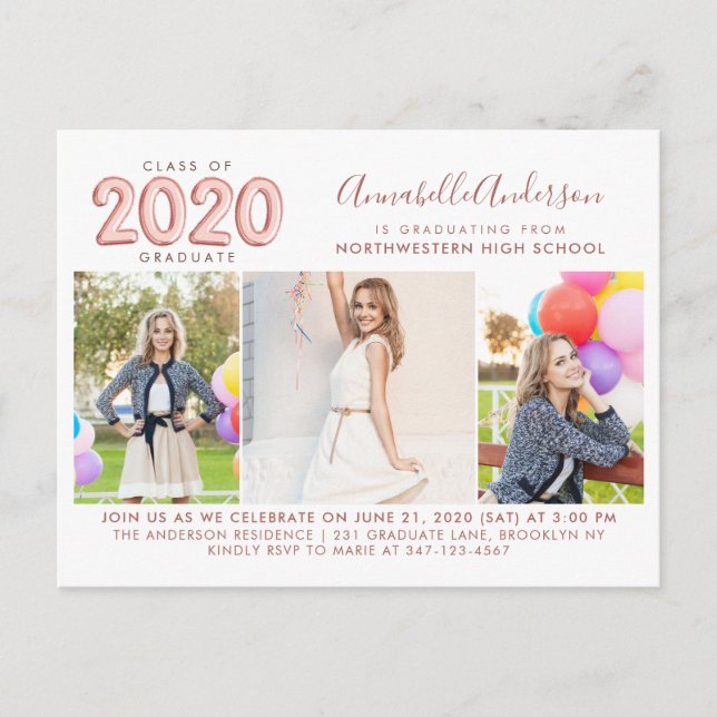 2020 Graduate Rose Gold 3 Foto Graduation Party Einladungspostkarte (Vorderseite)