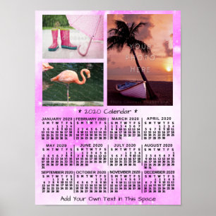 2020 Jahres-Monats-Kalender Rosa Wasserfarbe 3 Fot Poster