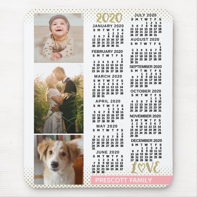 2020 Kalender Rosa Gold Familienfoto Collage Mousepad (Vorne)