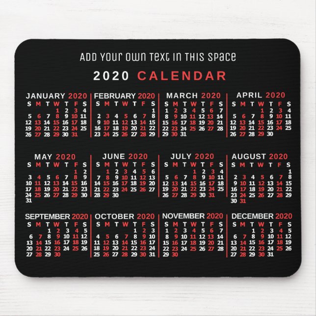 2020 Monatskalender Custom Black Red White Mousepad (Vorne)