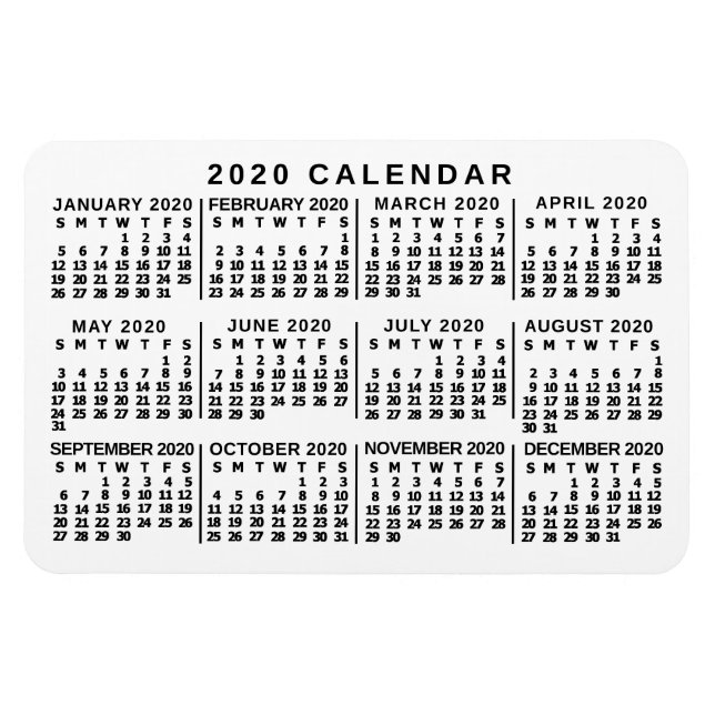 2020 Monatskalender Klassisch Weiß und Schwarz Magnet (Horizontal)