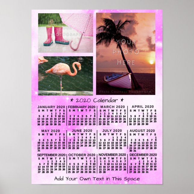 2020 Monatskalender Pink Wasserfarbe 3 Foto Poster (Vorne)