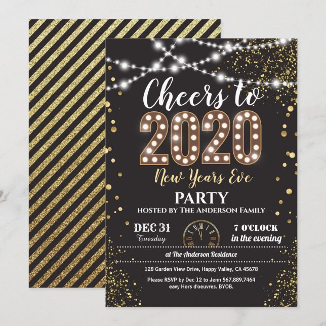 2020 Silvester Party Schwarz-Gold-Beifall Einladung (Vorne/Hinten)