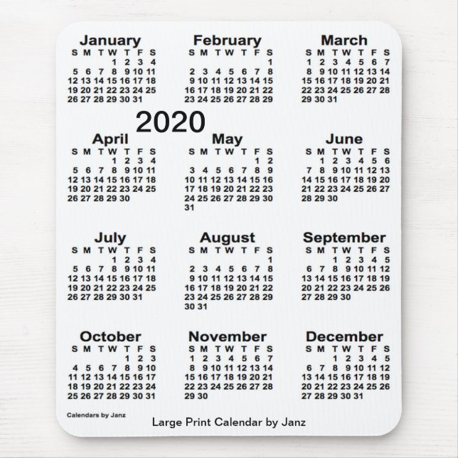 2020 White Large Print Calendar von Janz Mousepad (Vorne)