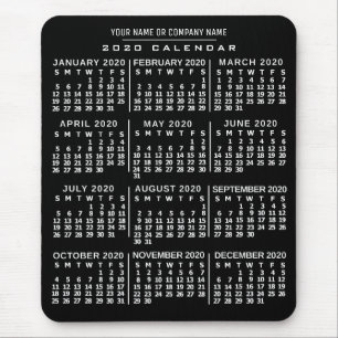 2020 Year Monthly Calendar Black White Custom Name Mousepad