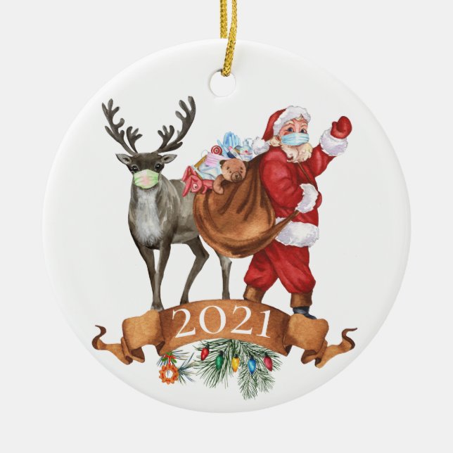 2021 Covid Santa Reindeer Weihnachten im Wasser Keramik Ornament (Vorne)